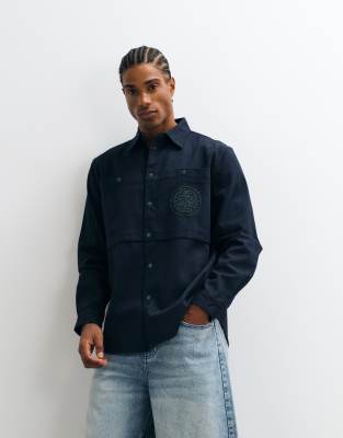 Parlez Embroidered Logo Shirt With Patch Pocket Print In Navy