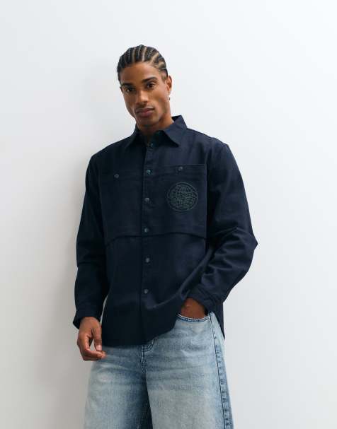 Parlez embroidered logo shirt with patch pocket print in navy - view 1