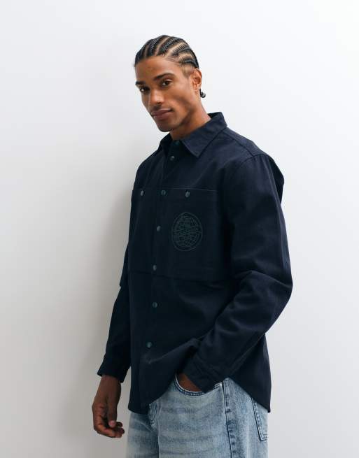 Parlez embroidered logo shirt with patch pocket print in navy, 5 of 5