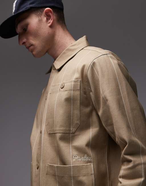 Parlez Flow logo detail chore jacket in greige, 4 of 4