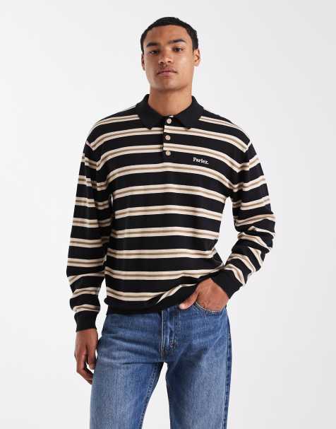 Parlez - Gebreide gestreepte polo met lange mouwen en logo in zwart en bruin - view 1