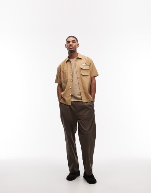 Parlez - Jack - Overhemd met korte mouwen en print op de achterkant in beige, 2 van 5
