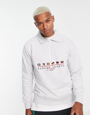 Parlez Jennings quarter zip sweatshirt in grey with flag and logo embroidery