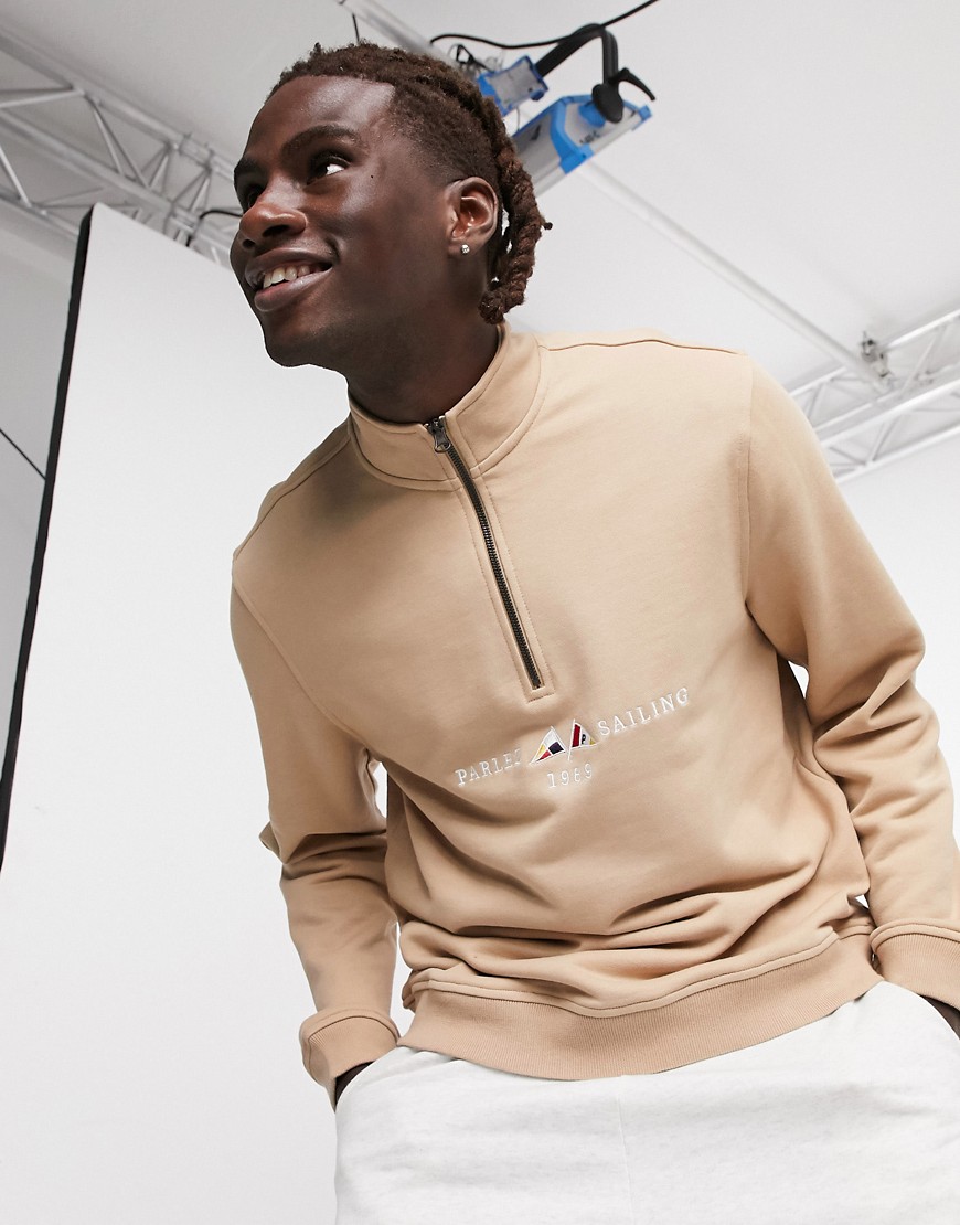 Parlez Jetty half-zip embroidered sweat in tan-Brown