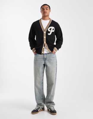 Parlez Knit Letterman Cardigan With Oversized Patch In Black