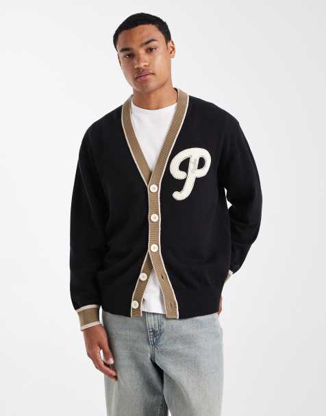 Parlez knitted letterman cardigan with oversized patch in black - view 1