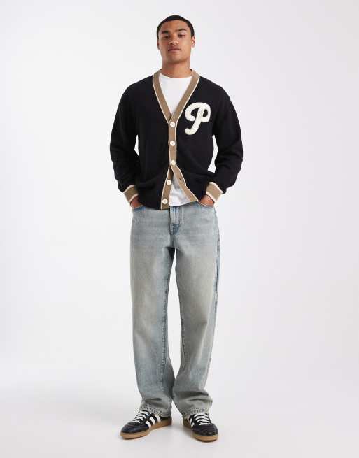 Parlez knitted letterman cardigan with oversized patch in black, 2 of 5