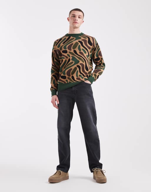 Parlez logo all over camo print knit sweater in green/brown | ASOS