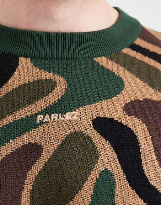 Parlez logo all over camo print knit sweater in green/brown | ASOS