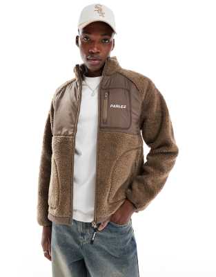 Parlez Parlez logo fleece zip up jacket in brown