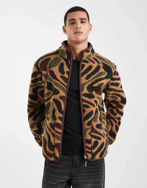 Parlez logo zip through all over camo print fleece in brown/green - view 1