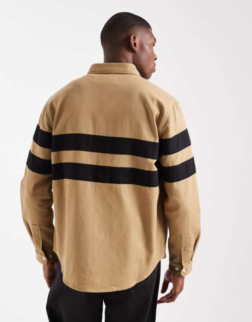 Parlez long sleeve stripe panel logo shirt in dark beige, 3 of 5