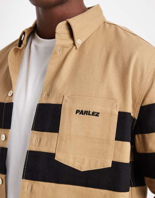 Parlez long sleeve stripe panel logo shirt in dark beige, 5 of 5
