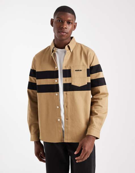 Parlez long sleeve striped panel logo shirt in dark beige - view 1
