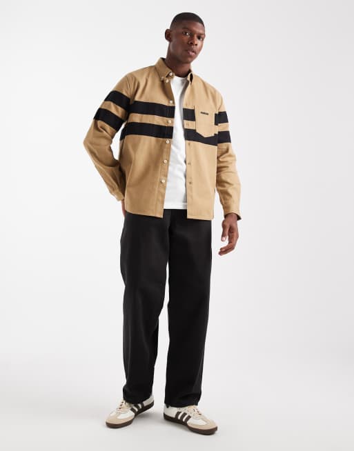 Parlez long sleeve striped panel logo shirt in dark beige, 2 of 5
