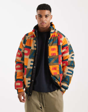 Parlez monogram logo reversible 2 way zip puffer jacket in black/mutli