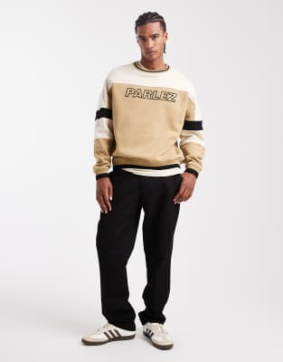 Parlez Oversized Crew Neck Color Block Panel Logo Sweatshirt In Brown