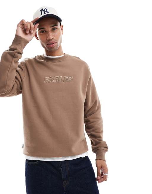 Parlez oversized logo embroidery crew neck sweatshirt in brown, 2 of 4