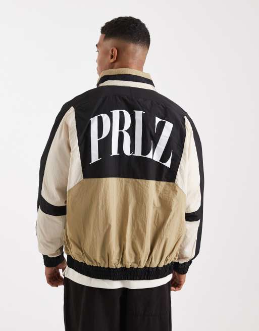 Parlez panel colour block logo shell zip through jacket in black and beige