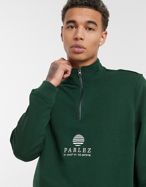 Parlez Purcel 1/4 zip sweat with embroidered logo in green