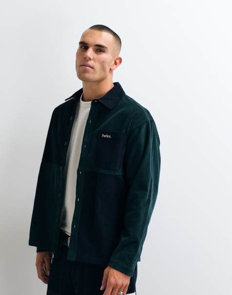 Parlez recraft colourblock button up jacket in green/blue - view 1