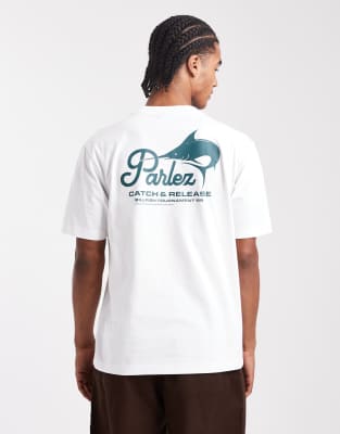 Parlez Parlez regular fit screen printed fishing graphic t-shirt with back print in white