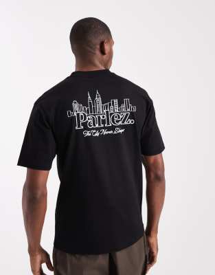 Parlez Parlez scape graphic logo t-shirt with back print in black