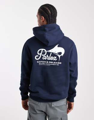 Parlez Screen Printed Fishing Graphic Logo Hoodie With Back Print In Blue