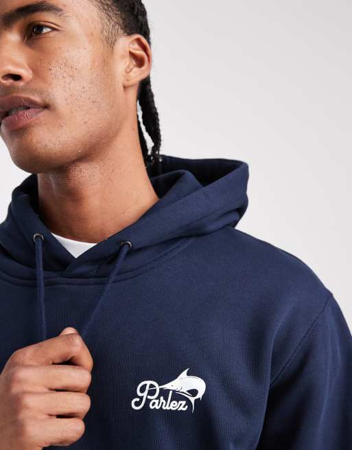 Parlez screen printed fishing graphic logo hoodie with back print in blue, 5 of 5