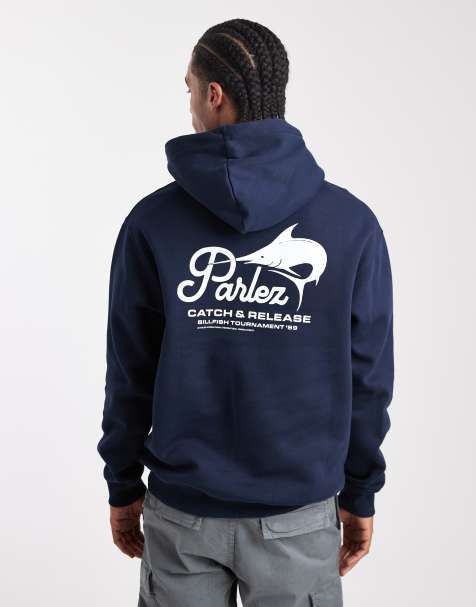 Parlez – Screen Printed – Niebieska bluza z kapturem i wędkarskim nadrukiem na plecach - view 1