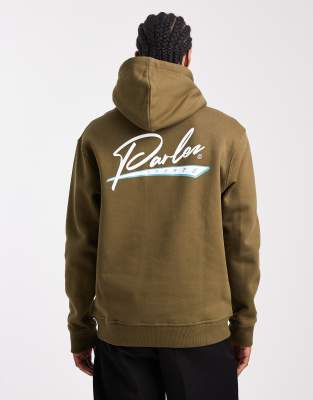 Parlez Parlez screen printed sports graphic logo hoodie with back print in khaki-Green