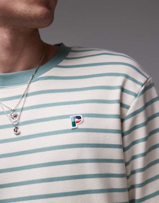 Parlez Shore long sleeve logo detail sweat top in green stripe, 3 of 4