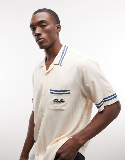 Parlez short sleeve channel button up shirt with contrast stripe details in cream - view 1