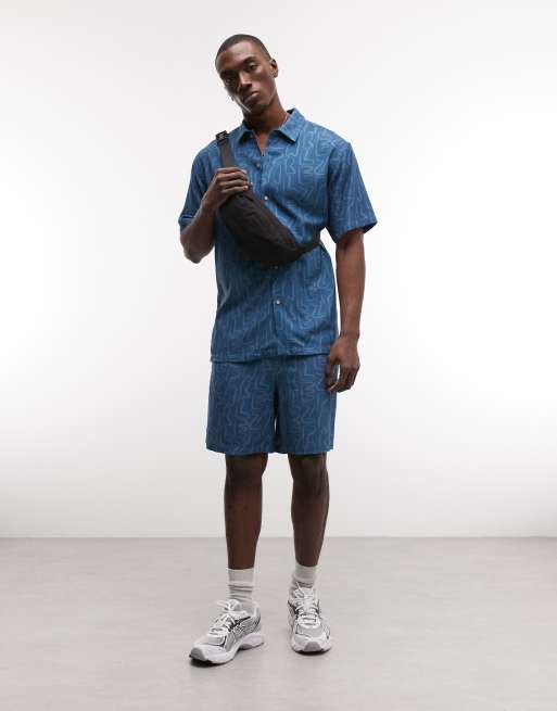 Parlez short sleeve stamp geometric pattern button up shirt in mid blue (part of a set), 2 of 5