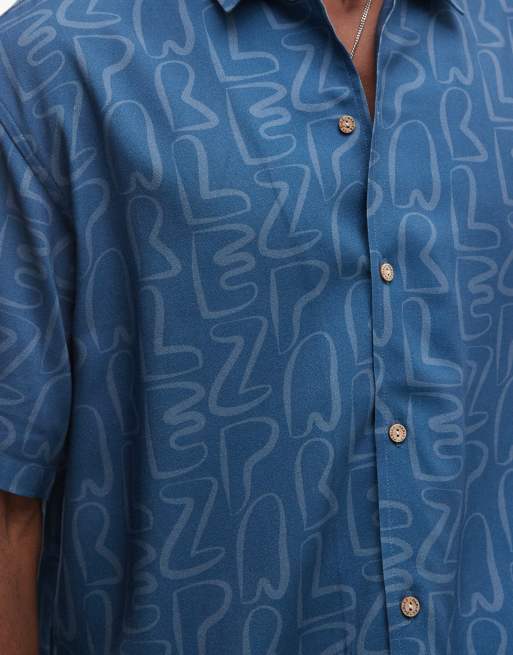 Parlez short sleeve stamp geometric pattern button up shirt in mid blue (part of a set), 3 of 5