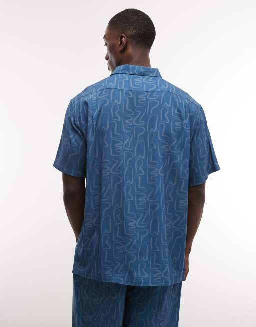Parlez short sleeve stamp geometric pattern button up shirt in mid blue (part of a set), 4 of 5