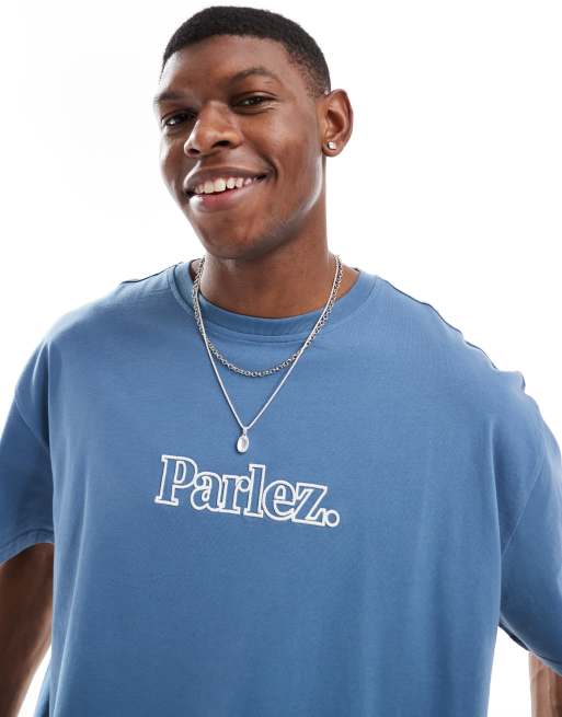 Parlez - Staffa - T-shirt oversize a maniche corte blu con logo, 3 di 4