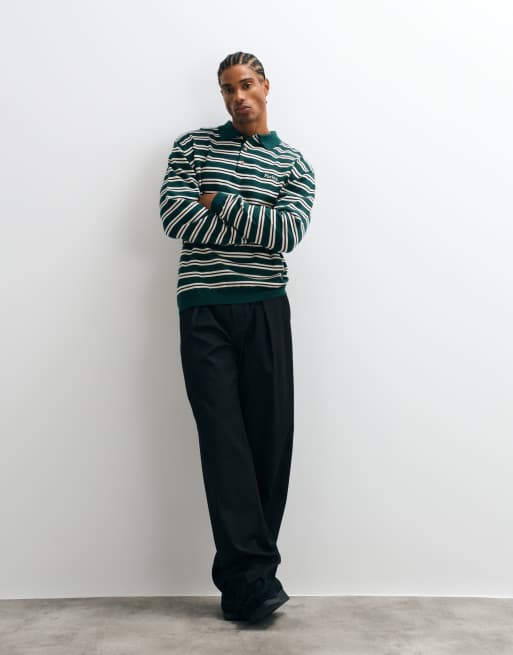 Parlez stripe long sleeve knitted polo shirt in green , 2 of 5