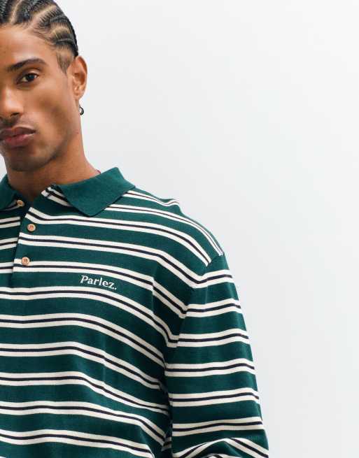 Parlez stripe long sleeve knitted polo shirt in green , 3 of 5