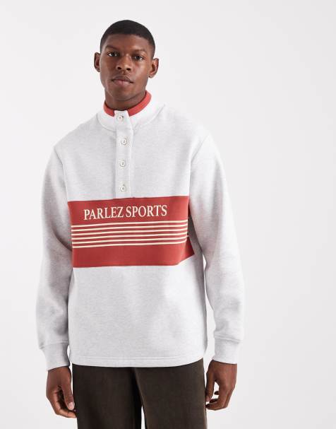 Parlez – Sweatshirt mit Farbblock-Design in Grau/Orange, Logo und kurzer Knopfleiste - view 1