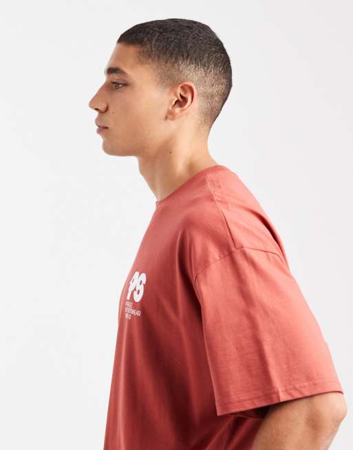 Parlez - T-shirt oversize rosso ruggine con stampa sul retro e grafica, 4 di 5