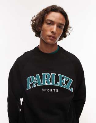 [Parlez] Parlez varsity towelling logo crew neck sweat top in black S BLACK