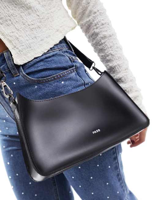 PASQ 90s minimal shoulder bag with detachable crossbody strap in black ...