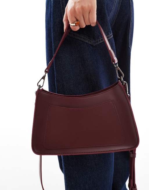 PASQ 90s minimal shoulder bag with detachable crossbody strap in burgundy, 3 of 4