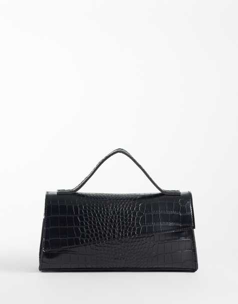 PASQ asymmetrische tas met handgreep en crossbodyband in zwart croco - view 1
