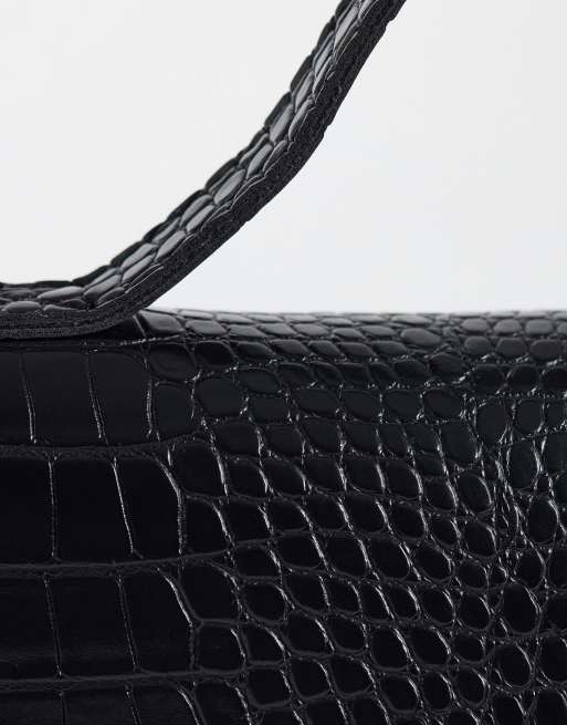 PASQ asymmetrisk taske med tophank og crossbody-rem i sort krokodillelook, 3 af 4