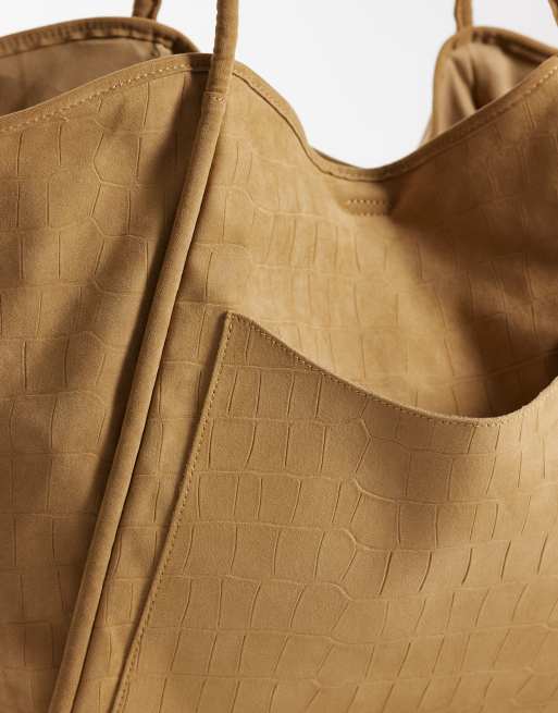 PASQ – Beige, krokodilskinnsmönstrad toteväska i oversized fit och mockaimitation, 3 av 4
