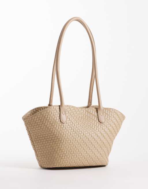 PASQ - Beige lille totebag i flet med kurvet form, 3 af 4