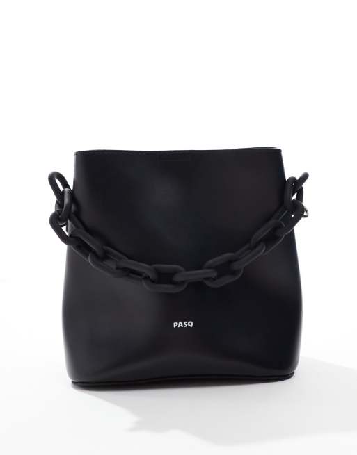 PASQ – Beuteltasche in Schwarz mit Kettengriff oben und abnehmbarem Tragegurt, 2 von 4