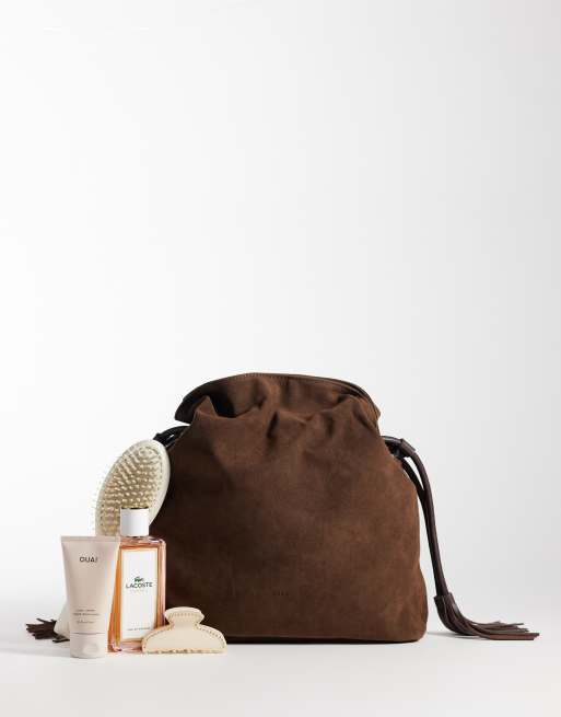 PASQ bolso bandolera grande con cierre fruncido en ante chocolate, 2 de 4